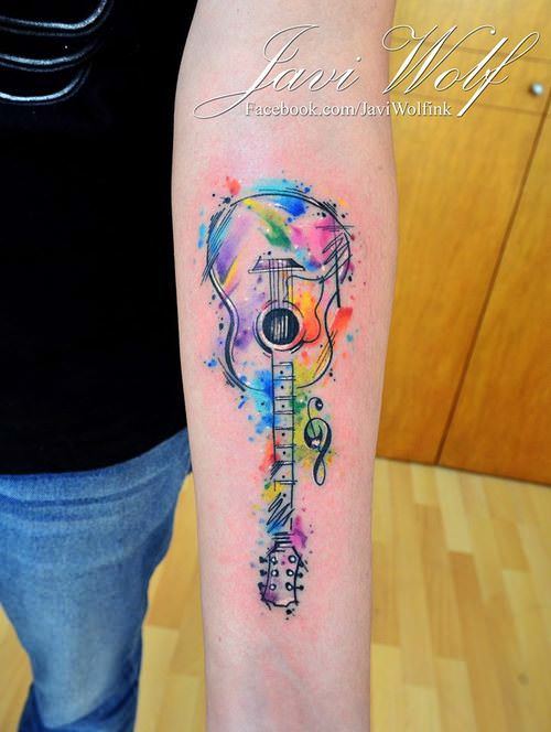 Watercolor Guitar Tattoo On Forearm By Javi Wolf