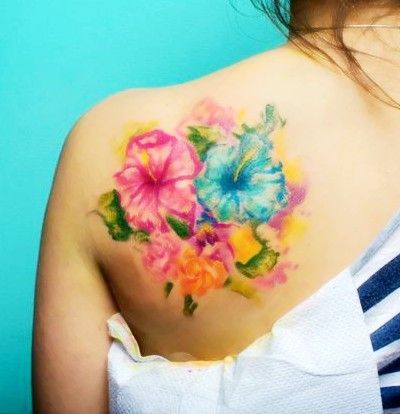 Watercolor Hibiscus Flowers Tattoo On Girl Left Back Shoulder