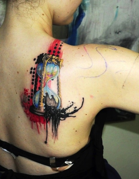 Watercolor Hourglass Tattoo On Girl Right Back Shoulder