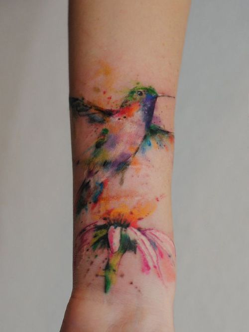 Watercolor Hummingbird With Flower Tattoo Design For Wrist