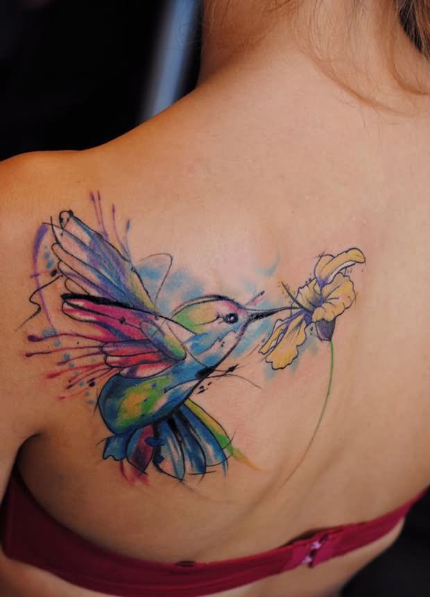 Watercolor Hummingbird With Flower Tattoo On Girl Left Back Shoulder