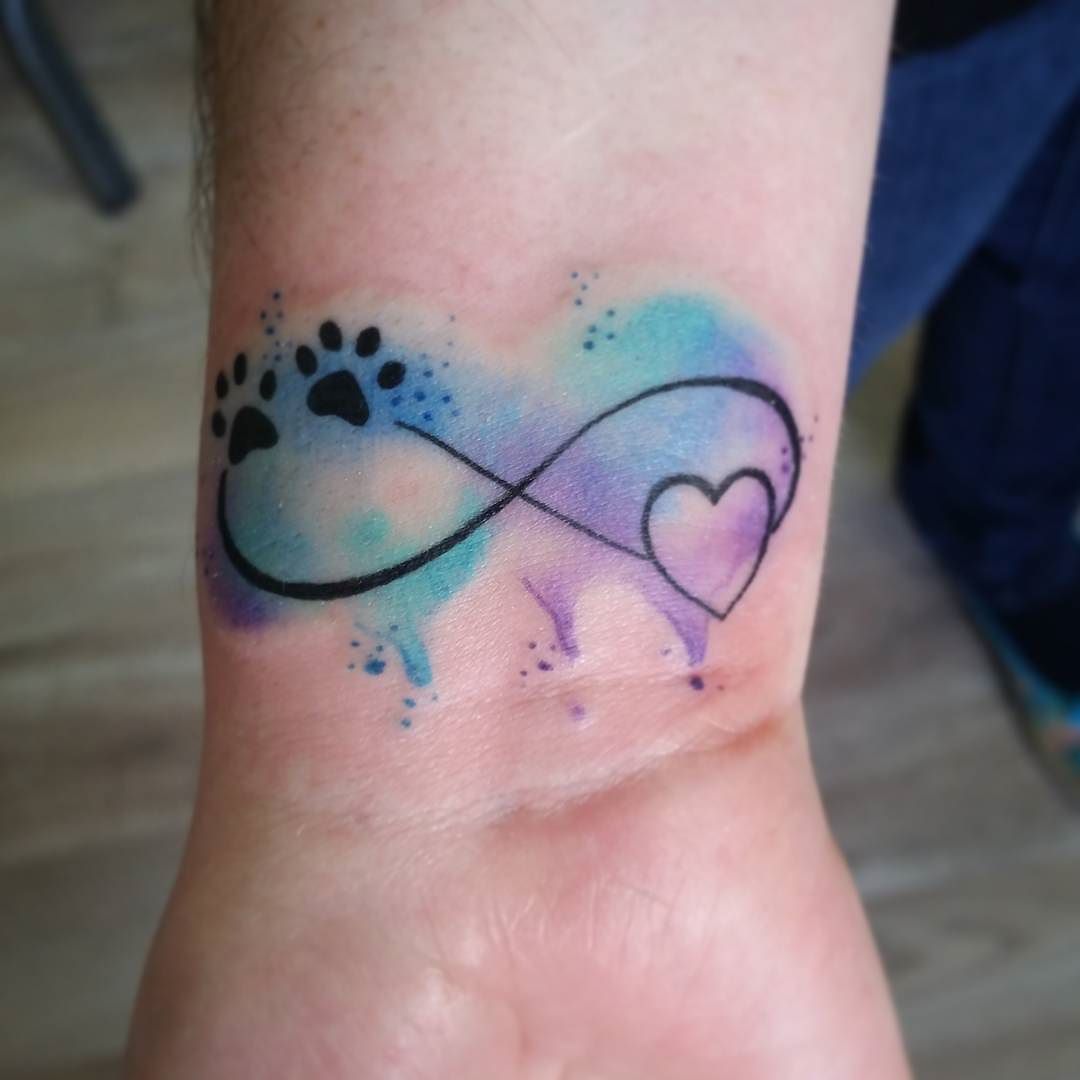 Watercolor Infinity With Heart And Paw Print Tattoo Design For Wrist
