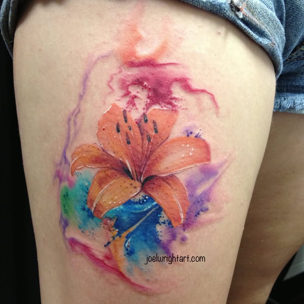 Watercolor Lily Tattoo On Girl Thigh