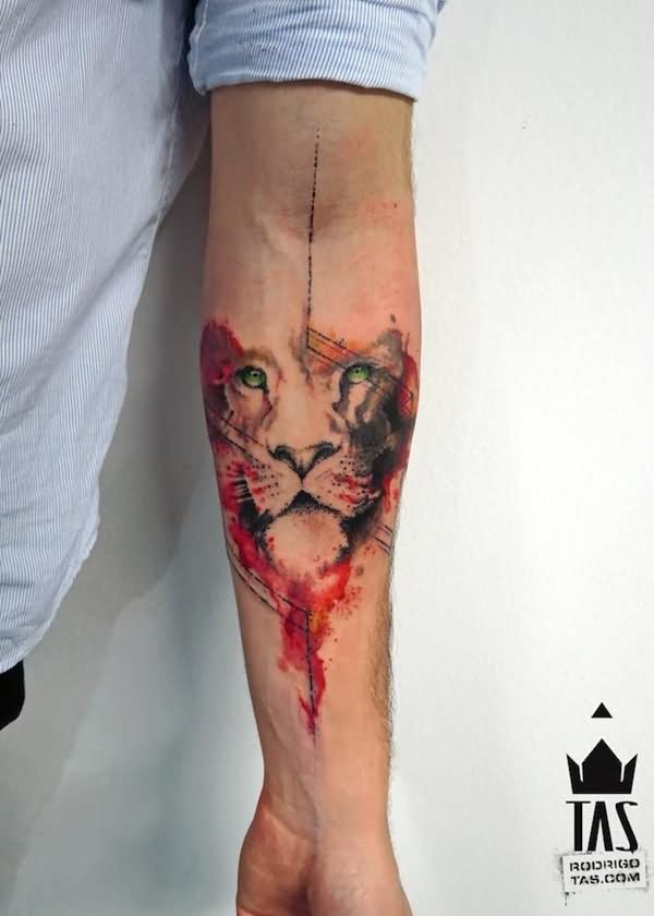 Watercolor Lion Face Tattoo On Left Forearm