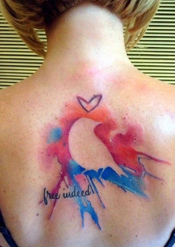 Watercolor Outline Bird Tattoo On Girl Upper Back