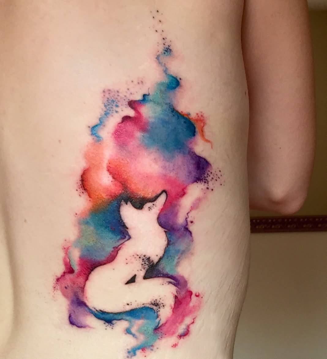 Watercolor Outline Fox Tattoo Design For Side Rib