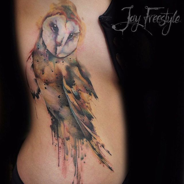 Watercolor Owl Tattoo Design For Side Rib