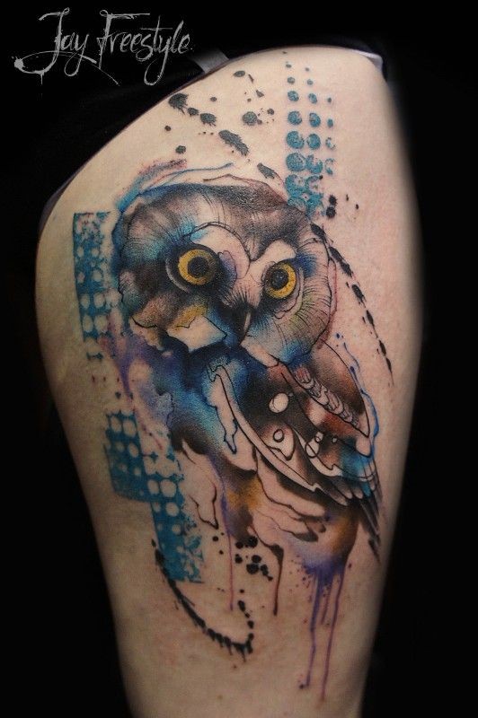 Watercolor Owl Tattoo Design For Thigh By Jay Freestyle