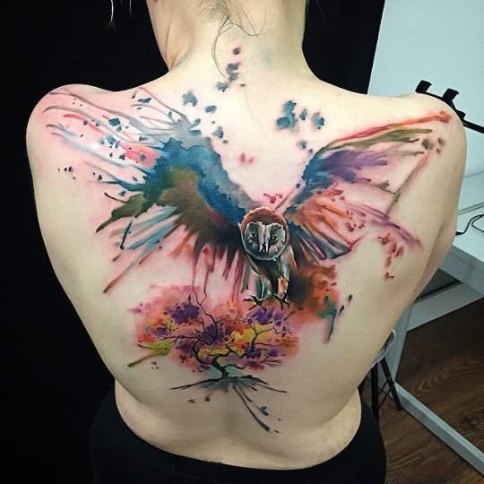 Watercolor Owl Tattoo On Back