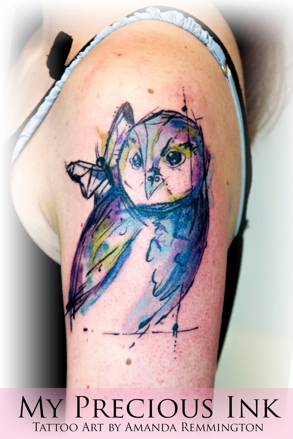 Watercolor Owl Tattoo On Left Half Sleeve By Mentjuh