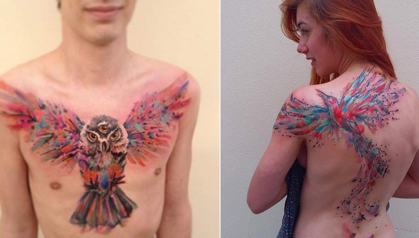 Watercolor Owl Tattoo On Man Chest