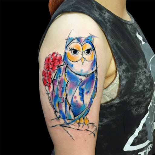 Watercolor Owl With Flowers Tattoo On Right Half Sleeve