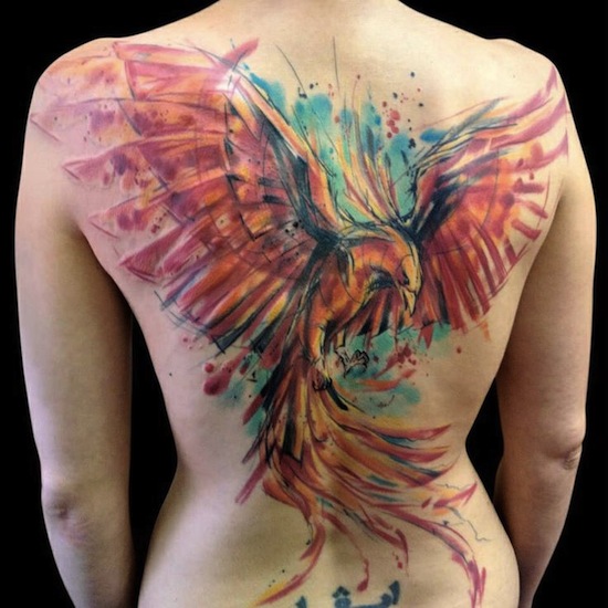 Watercolor Phoenix Bird Tattoo On Back By Adam Kremer