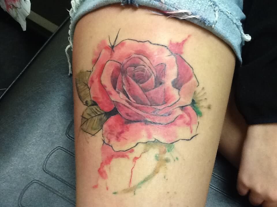 Watercolor Rose Tattoo Design For Thigh By Myke Clifton