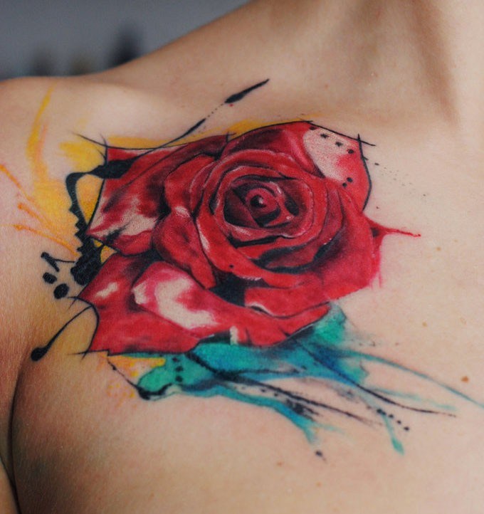 Watercolor Rose Tattoo On Front Shoulder By Aleksandra Katsan