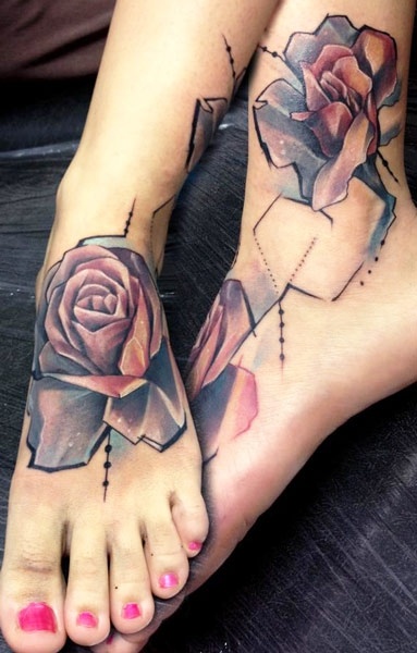 Watercolor Rose Tattoo On Girl Foot