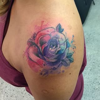 Watercolor Rose Tattoo On Girl Left Shoulder