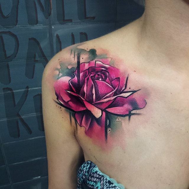 Watercolor Rose Tattoo On Girl Right Front Shoulder