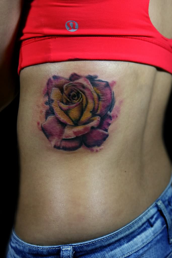 Watercolor Rose Tattoo On Girl Side Rib By Deanna Wardin