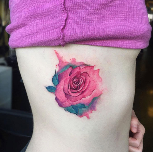 Watercolor Rose Tattoo On Girl Side Rib By Nelly Morskaya
