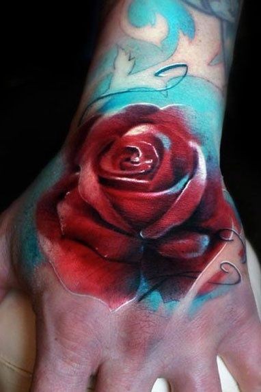 Watercolor Rose Tattoo On Hand By Joshua Carlton