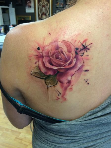 Watercolor Rose Tattoo On Left Back Shoulder