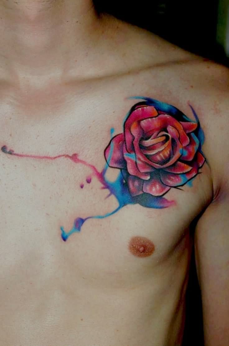 Watercolor Rose Tattoo On Man Left Front Shoulder