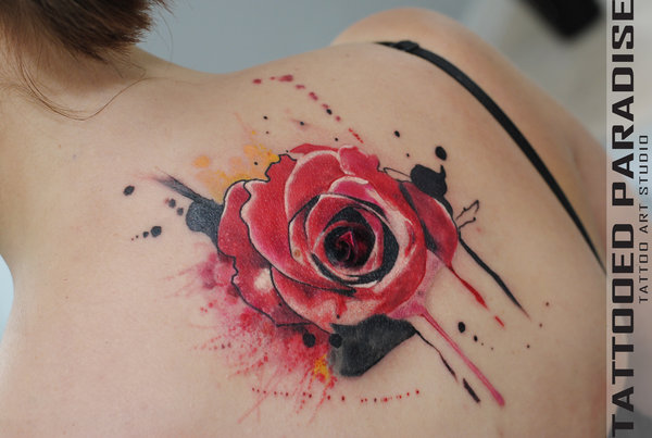 Watercolor Rose Tattoo On Upper Back By Aleksandra Katsan