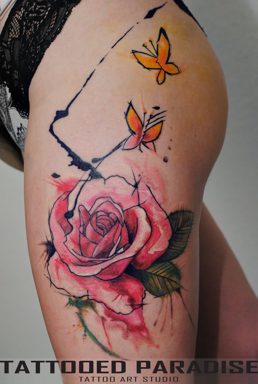 Watercolor Rose With Butterflies Tattoo On Girl Side Thigh By Aleksandra Katsan