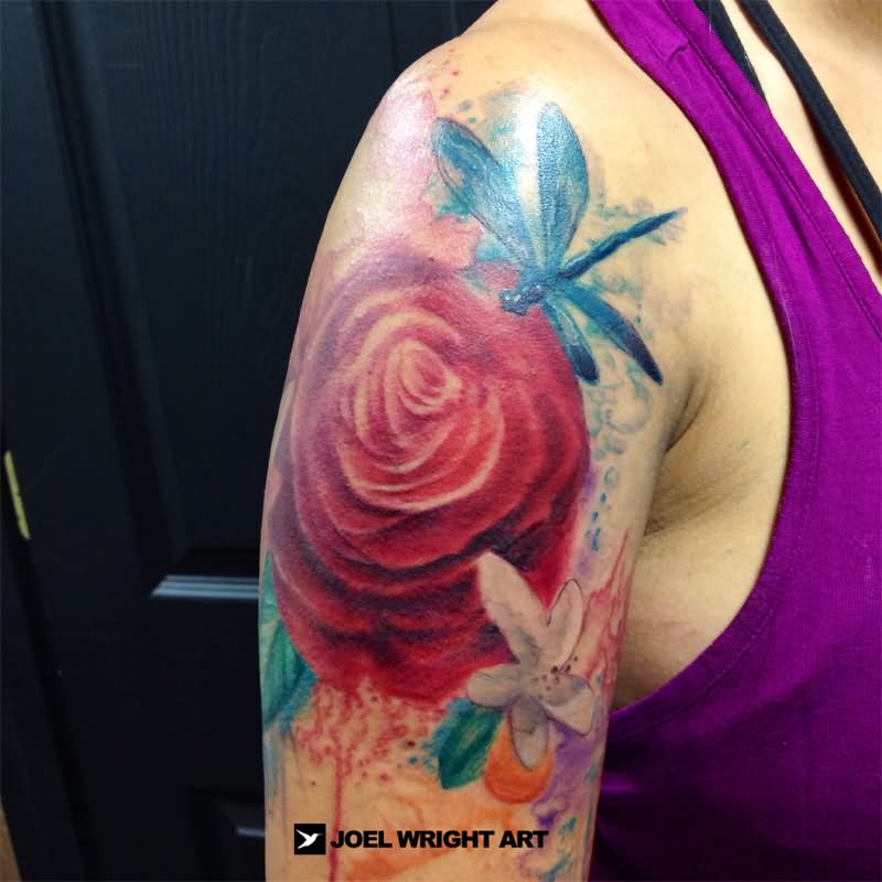 Watercolor Rose With Dragonfly Tattoo Design For Half Sleeve