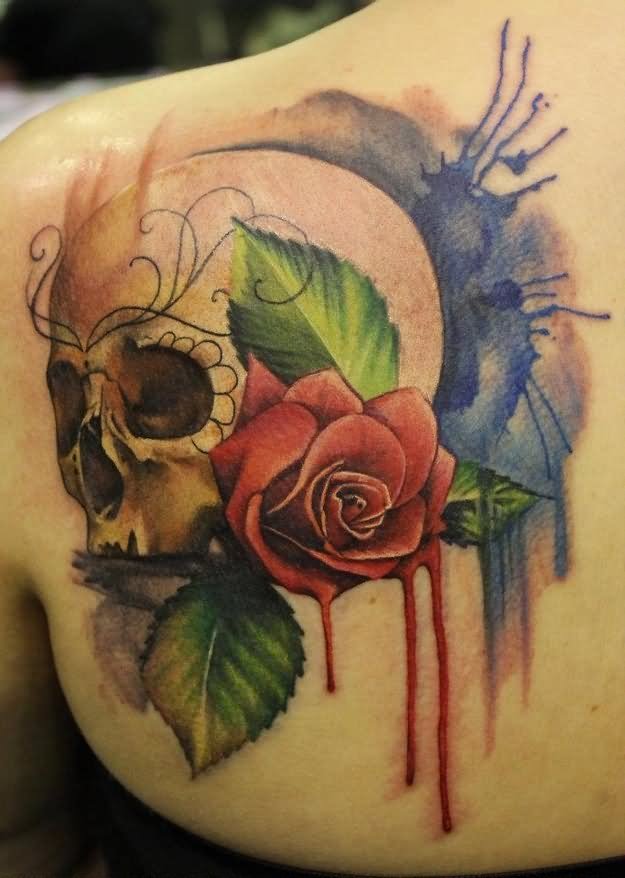 Watercolor Rose With Skull Tattoo On Left Back Shoulder