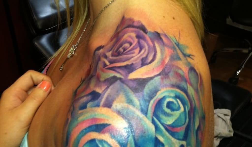 Watercolor Roses Tattoo On Girl Left Shoulder