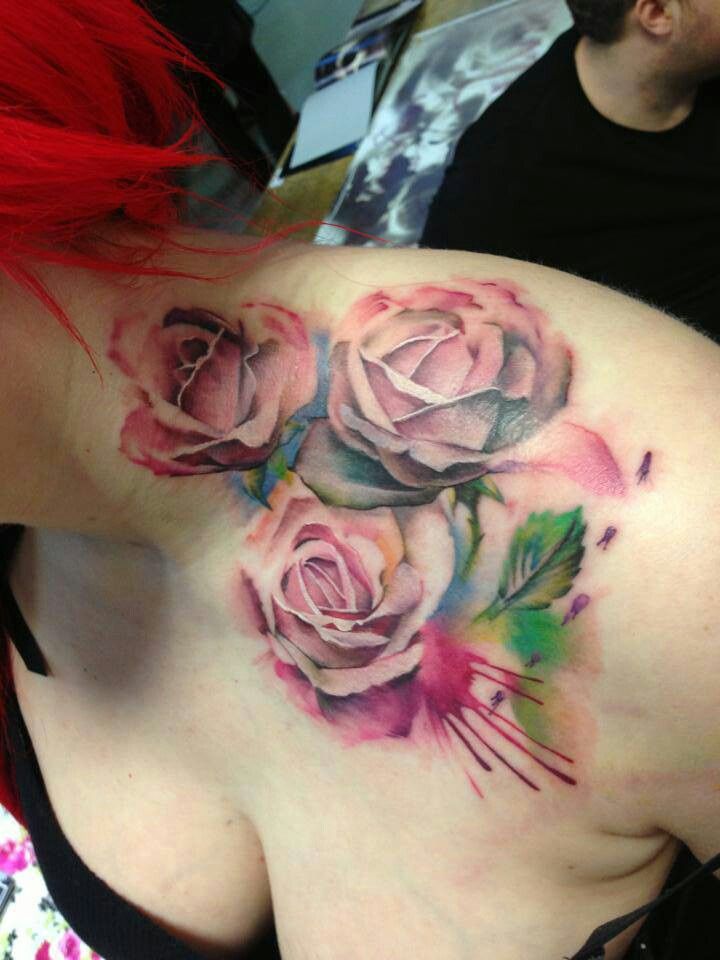 Watercolor Roses Tattoo On Women Left Front Shoulder