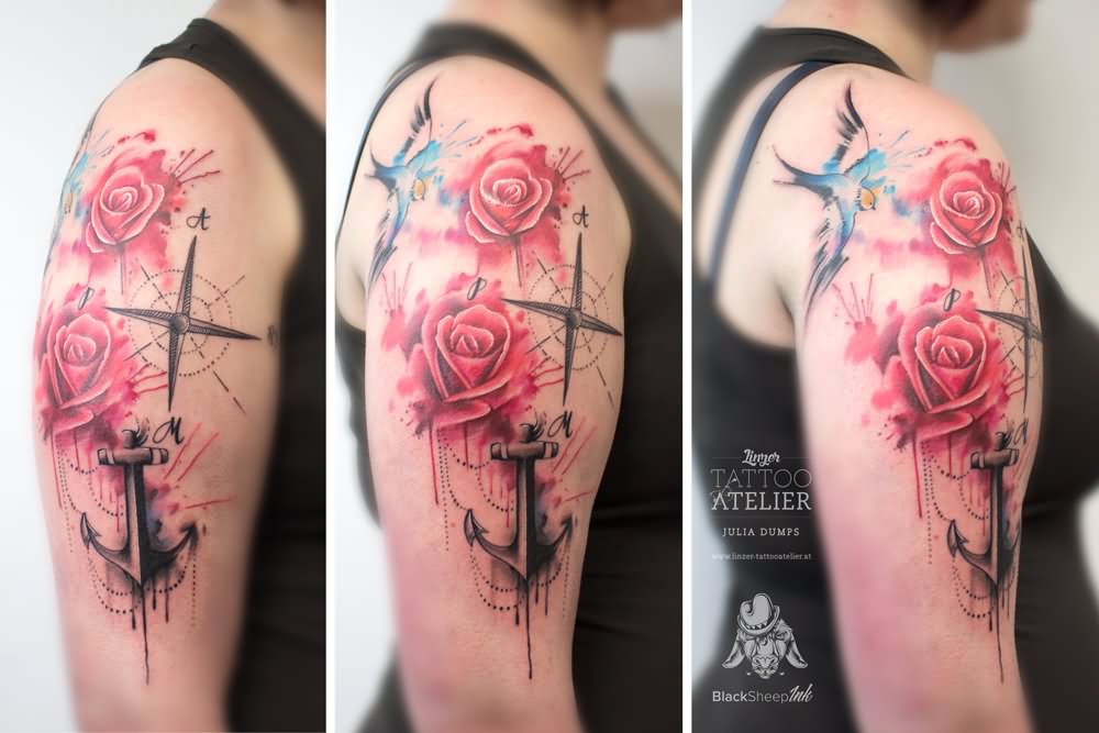Watercolor Roses With Anchor Tattoo On Right Half Sleeve