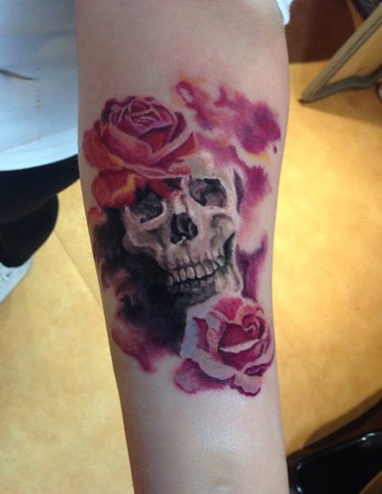 Watercolor Roses With Skull Tattoo Design For Forearm