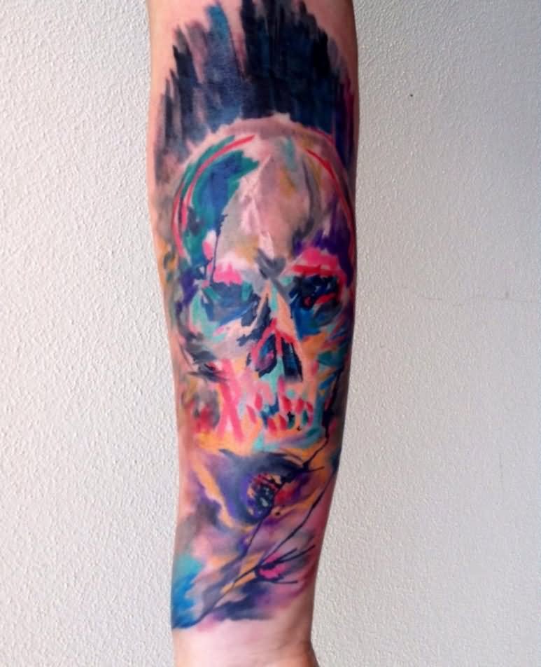 Watercolor Skull Tattoo On Forearm