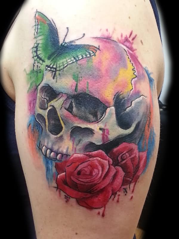 Watercolor Skull With Butterfly And Roses Tattoo Design For Half Sleeve