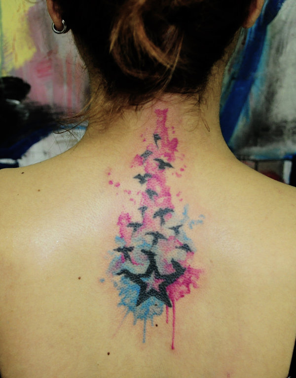 Watercolor Star With Flying Birds Tattoo On Upper Back