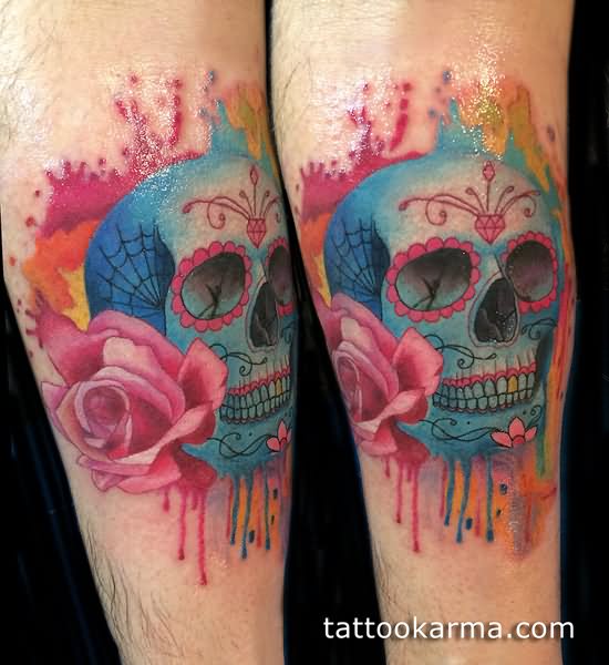 Watercolor Sugar Skull With Rose Tattoo Design For Arm