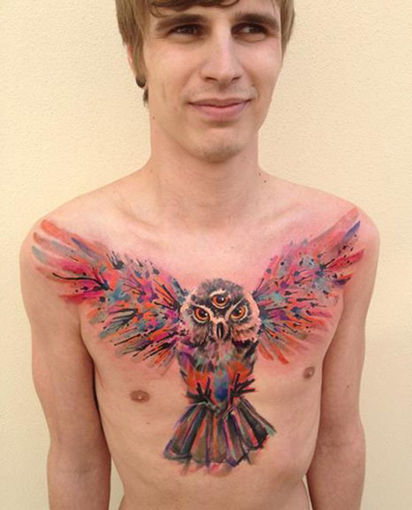 Watercolor Three Eye Owl Tattoo On Man Chest