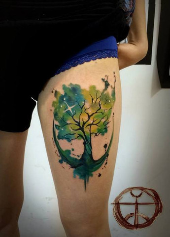 Watercolor Tree Anchor Tattoo On Thigh