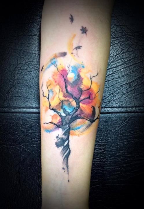 Watercolor Tree Tattoo Design For Forearm