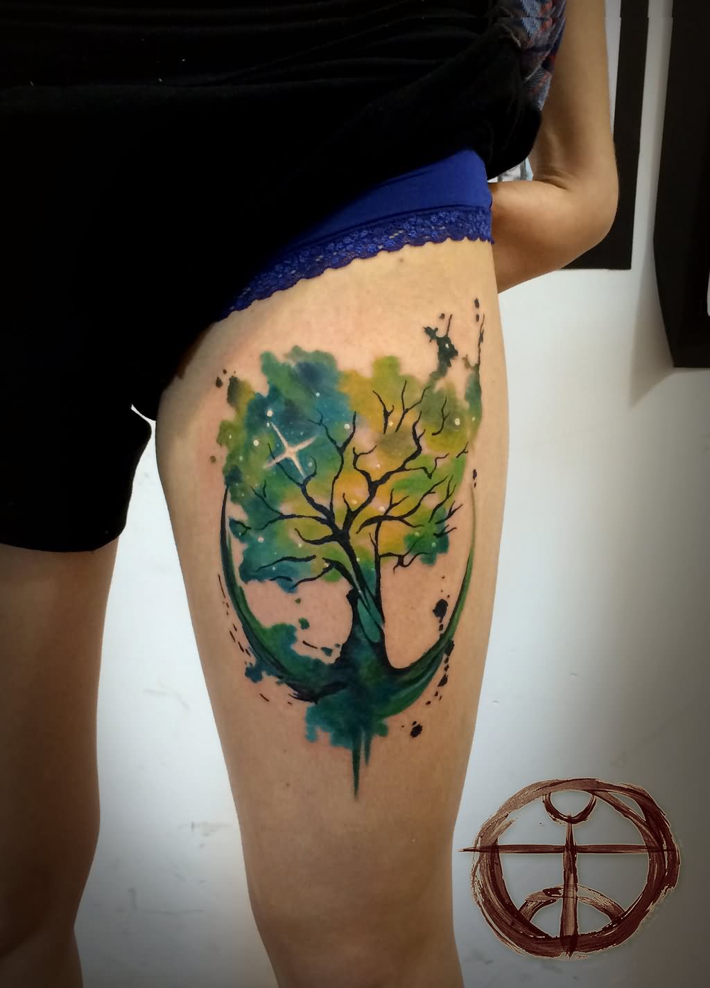 Watercolor Tree Tattoo Design For Thigh