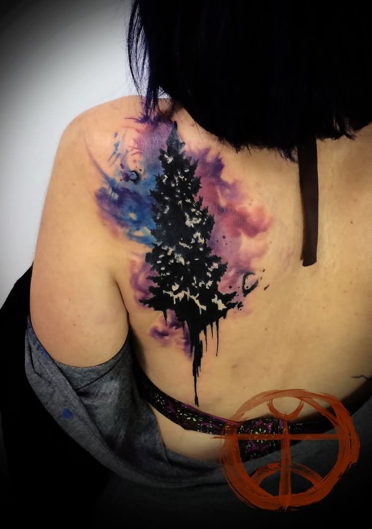 Watercolor Tree Tattoo On Girl Left Back Shoulder By Koraykaragozler