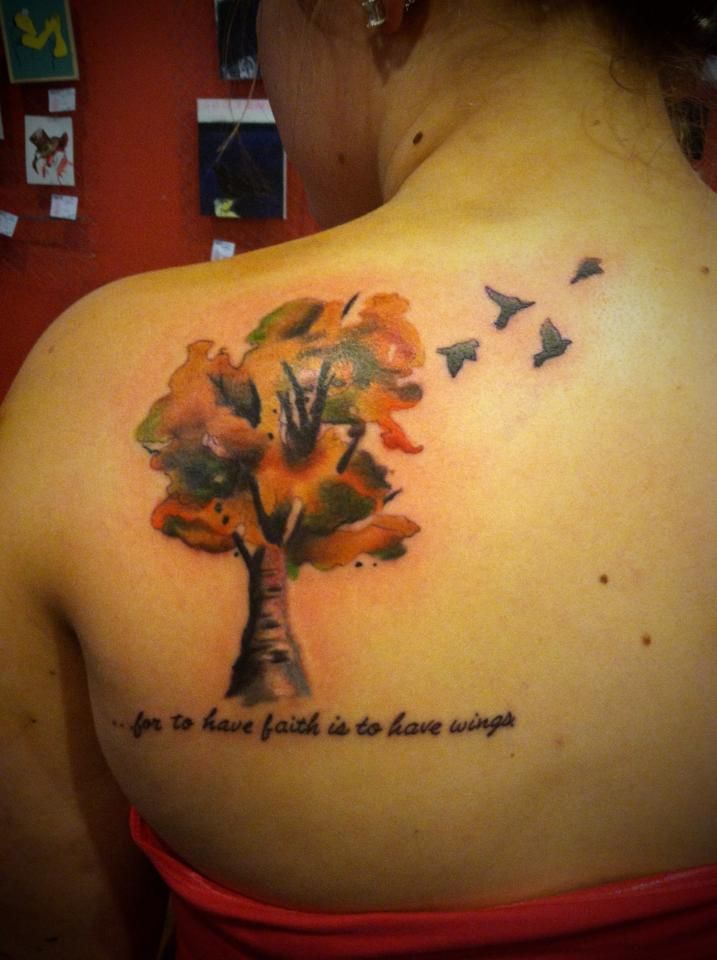 Watercolor Tree Tattoo On Girl Left Back Shoulder