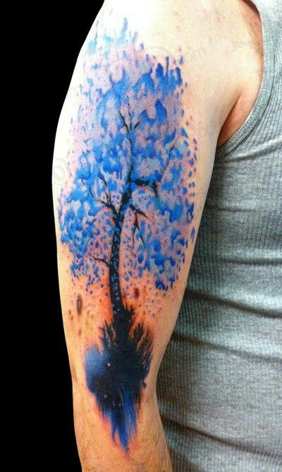 Watercolor Tree Tattoo On Right Half Sleeve