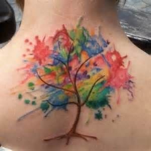 Watercolor Tree Tattoo On Upper Back