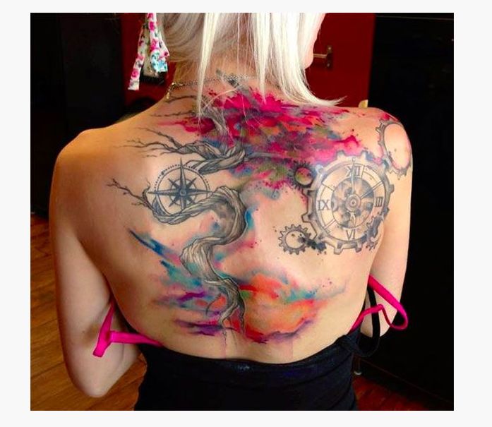 Watercolor Tree With Compass Tattoo On Girl Upper Back
