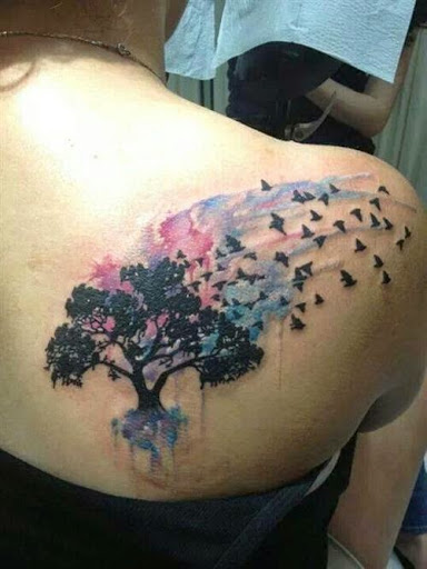 Watercolor Tree With Flying Birds Tattoo On Girl Right Back Shoulder