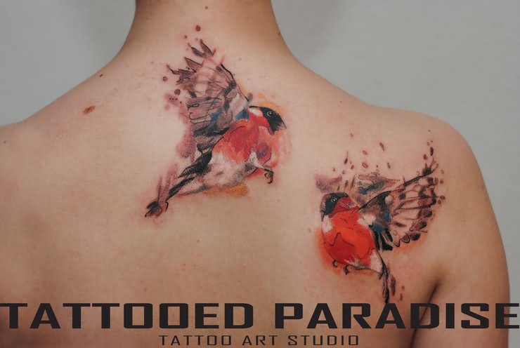 Watercolor Two Flying Birds Tattoo On Upper Back By